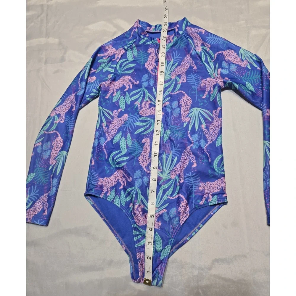 Sol Borne Girls 10/12 Long Sleeve One-Piece Rash Guard Swimsuit Tropical Leopard